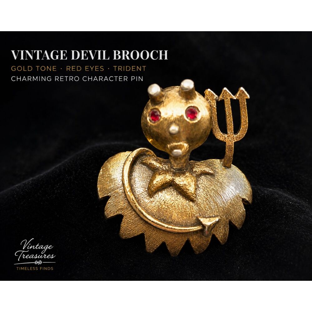 Vintage Tortolani Devil Brooch Red Eyes Gold Tone Signed brutalist 1.5" RARE